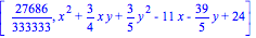[27686/333333, x^2+3/4*x*y+3/5*y^2-11*x-39/5*y+24]
